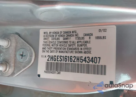 2002 Honda Civic Dx z USA, uszkodzony, nr VIN 2HGES16162H543407